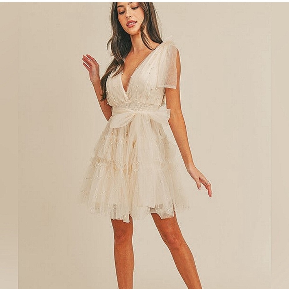 Cream Fit and Flare Mini Dress with Flutter Sleeves
